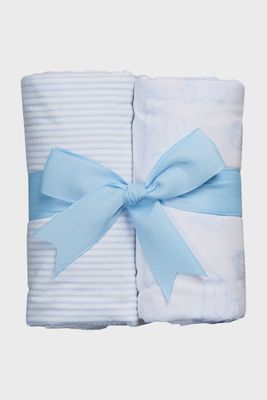 Two blue burp cloths with teddy bear design from 3 Marthas, displayed flat on a white background
