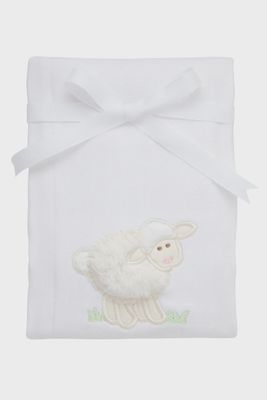 White cotton burp cloth with lamb applique design, 14.5 by 21 inches, displayed flat against a neutral background