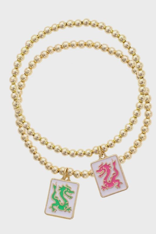 Pair of Dragons Mahjong Ball Bead Bracelet Set of 2