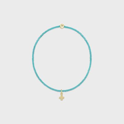 ENEWTON Hope Classic bracelet in turquoise beads with small gold signature cross charm on white background