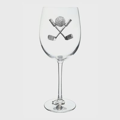 Clear stemmed wine glass with golf club and ball design etched on the bowl, displayed against a white background