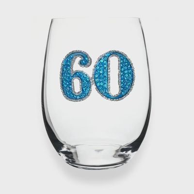Jeweled stemless wine glass with decorative crystal embellishments, designed for 60th birthday celebrations, photographed against a white background