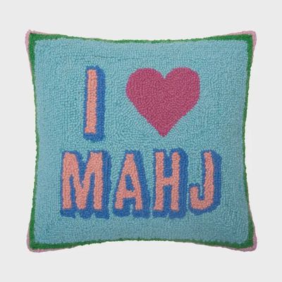 I Love Mahj hooked wool throw pillow in 14 by 14 inches displayed against a neutral studio background
