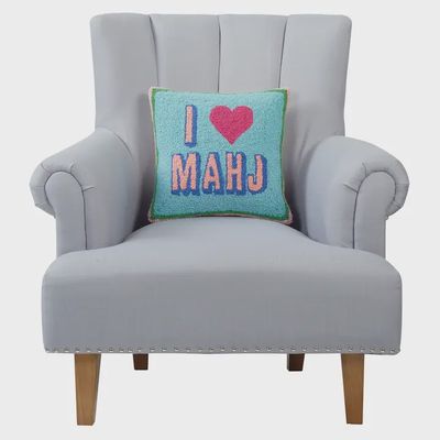 I Love Mahj hooked wool throw pillow in 14x14 size displayed on a seating surface, showing the textured wool construction and decorative design