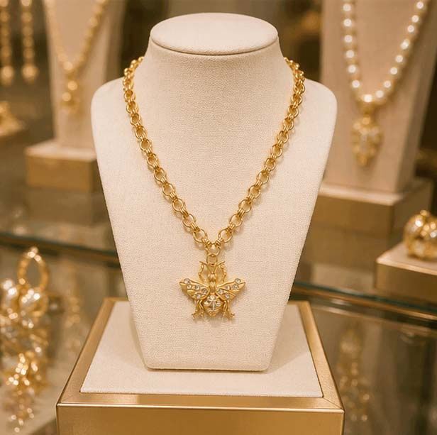 French Kande bee pendant necklace on Brittany chain displayed on jewelry stand in luxury retail setting