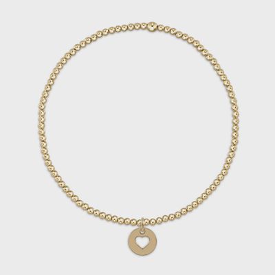 14kt gold-filled bead bracelet with 2mm beads and small love disc charm on white background