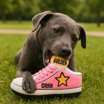 Pink plush dog toy with squeaker in a lifestyle setting, showing the soft fabric texture and design of the Golden Pooch toy