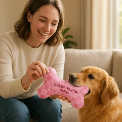 Pink checker pattern plush dog bone toy with squeaker, shown in a lifestyle setting