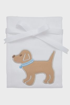 Blue burp cloth with puppy applique design, 14.5x21 inches, displayed flat on white background