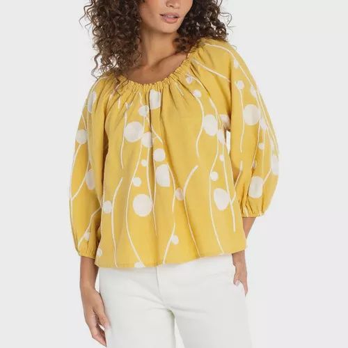 Woven 3/4 Sleeve Scoop Neck Blouse - Yellow Cream