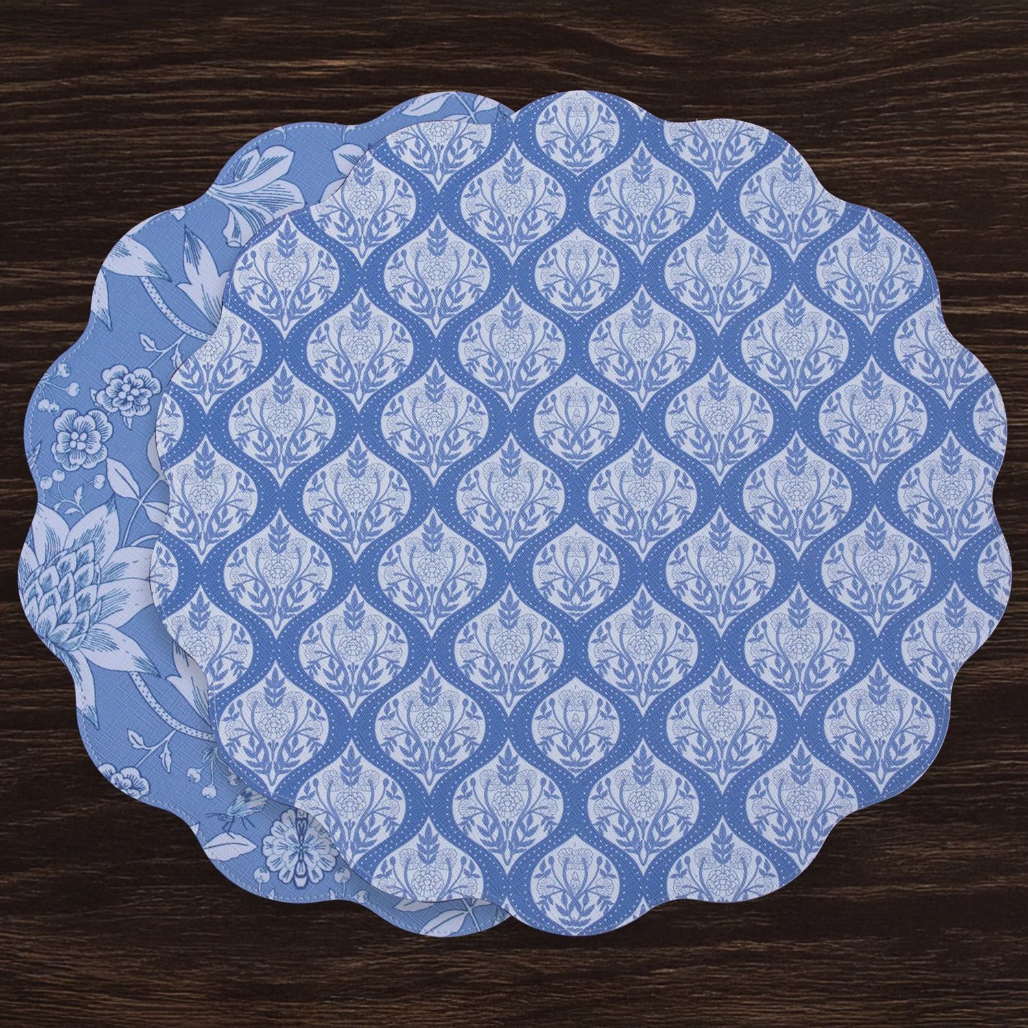 VIDA Blue Hydrangea &amp; Floral Reversible Round Placemats Set of 4 (Blue &amp; White)