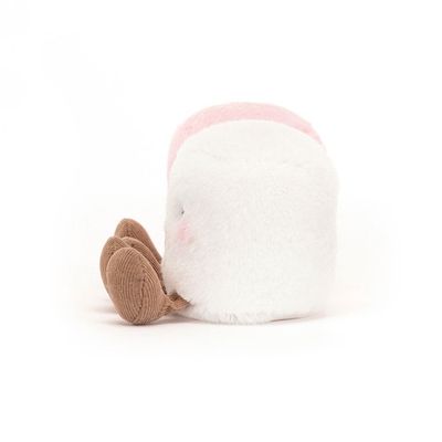 Two soft pink and white marshmallow-shaped plush toys from Jellycat Amuseables arranged together on a neutral surface