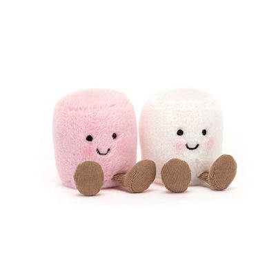 Jellycat Amuseables plush toy set featuring pink and white marshmallow characters with embroidered details on a neutral background