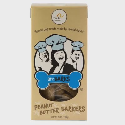 Peanut Butter Barker dog treats by arcBARKS in a studio setting, isolated against a white background