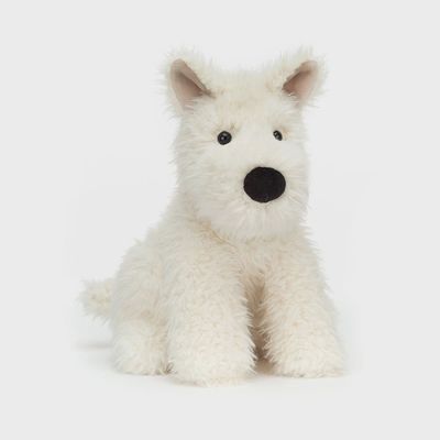 Jellycat Munro Scottie dog plush toy in black with accessories on white studio background
