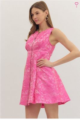 Hot Pink Floral Jacquard Sleeveless Mini Dress