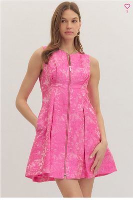 Hot Pink Floral Jacquard Sleeveless Mini Dress