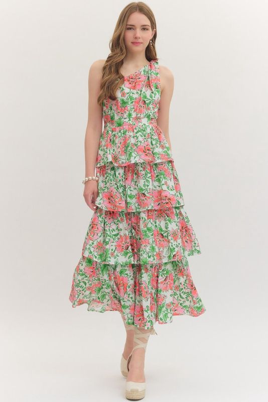 Pink Floral Print One-Shoulder Sleeveless Midi Dress