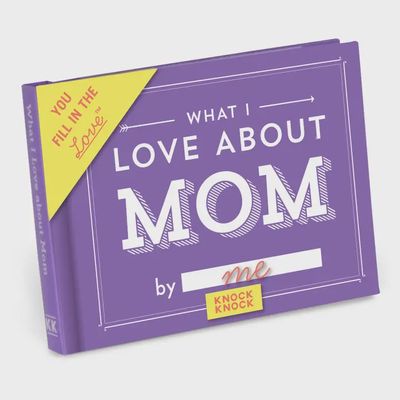 What I Love About Mom fill-in-the-blank hardcover gift book by Hachette displayed against a white background