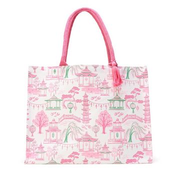 Two's Company Mahjong Block Print Canvas Tote Bag with Zipper