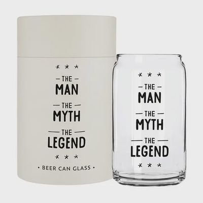 Clear beer glass with black text reading 'Man Myth Legend' printed on the front, displayed against a white background