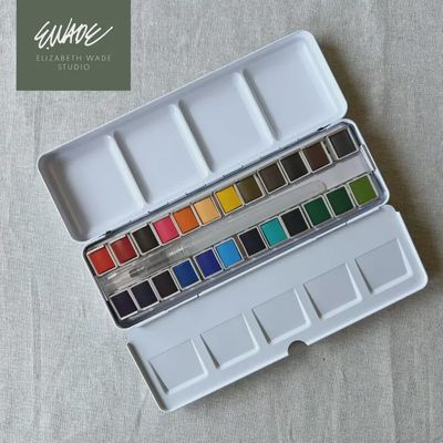 Elizabeth Wade Studio 24-Color Watercolor Set with Water Brush &amp; Mixing Tin