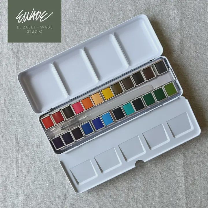 Elizabeth Wade Studio 24-Color Watercolor Set with Water Brush &amp; Mixing Tin