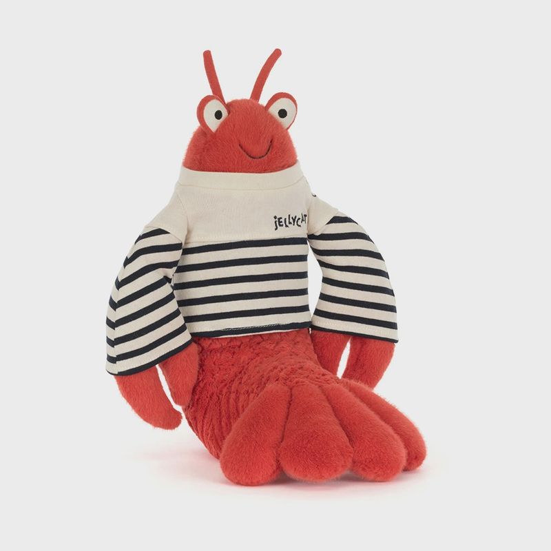 Jellycat Larry Lobster soft toy wearing a navy sailor outfit with white trim, displayed against a plain white background