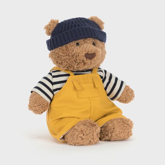 Jellycat Bartholomew Bear plush toy wearing a nautical seafarer outfit with striped shirt and captain's hat against a white studio background