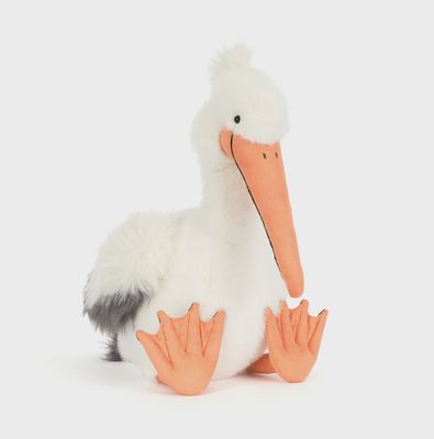Jellycat Keli Pelican plush toy with soft gray and white feather-like texture, shown against a neutral white studio background