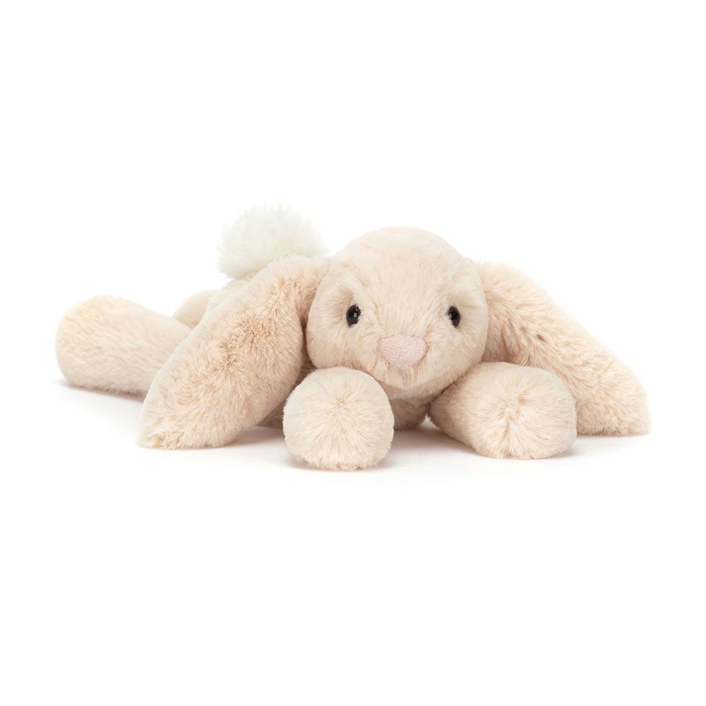 Jellycat Smudge Rabbit tiny plush stuffed animal on white background, soft gray fur with embroidered facial features