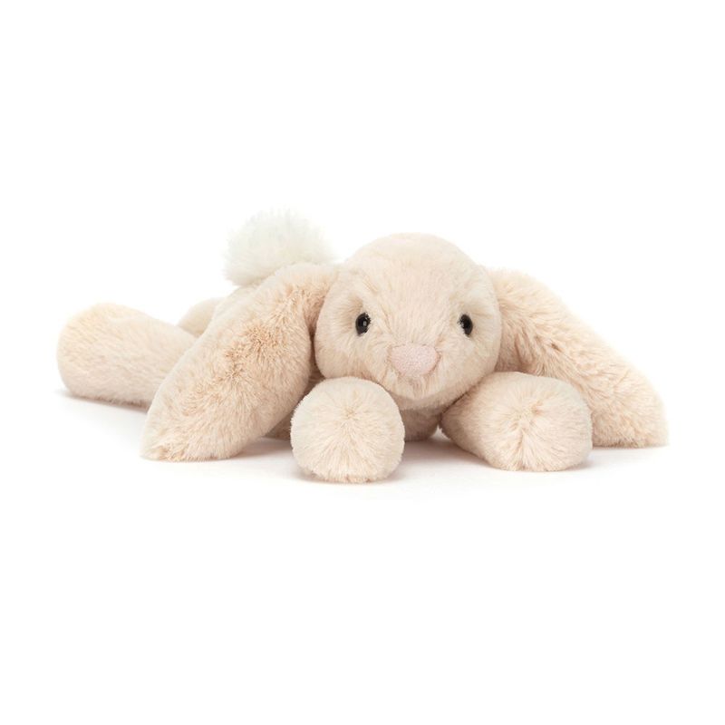 Jellycat Smudge Rabbit tiny plush stuffed animal on white background, soft gray fur with embroidered facial features