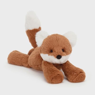 Jellycat Smudge Fox soft plush toy with gray fur and orange accents, isolated on white background