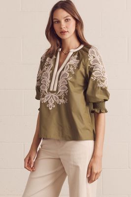 Olive Solid Embroidered 3/4 Sleeve Top