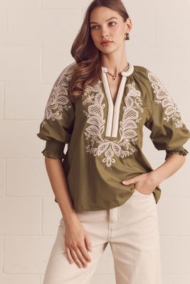 Olive Solid Embroidered 3/4 Sleeve Top