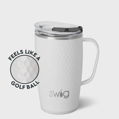 White Swig Life 18oz insulated travel mug with golf ball design on neutral background