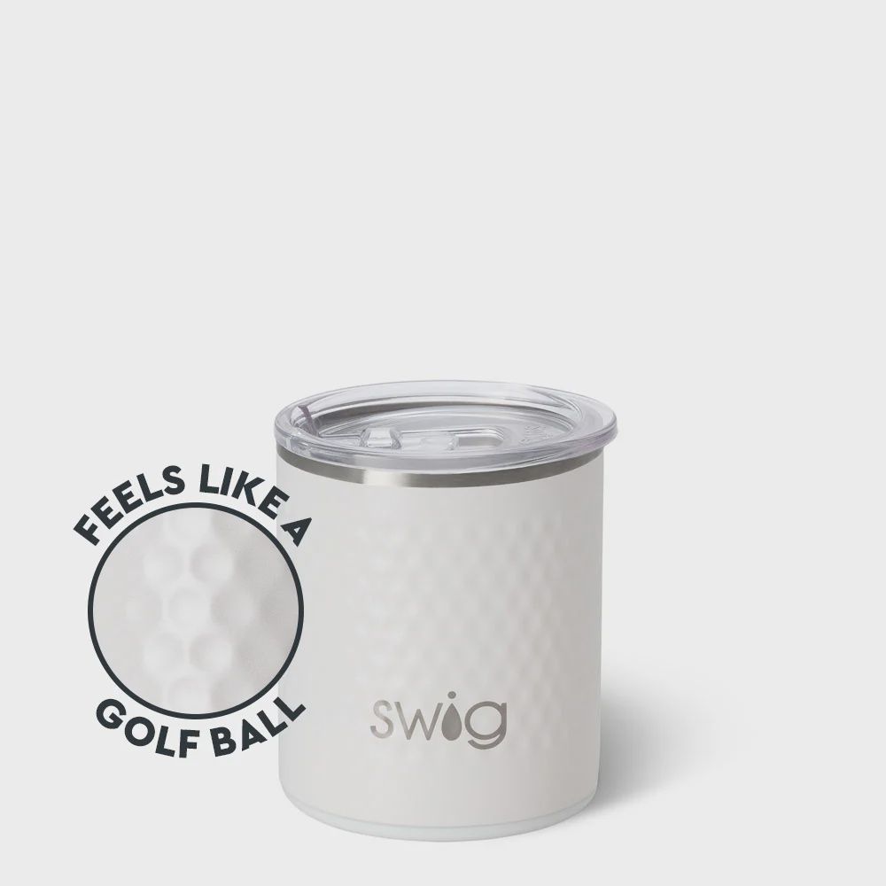 Swig Life Golf Ball Lowball Tumbler in 12 ounce size displayed against a white background in studio lighting