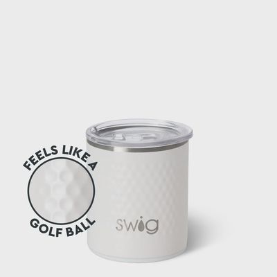 Swig Life Golf Ball Lowball Tumbler in 12 ounce size displayed against a white background in studio lighting