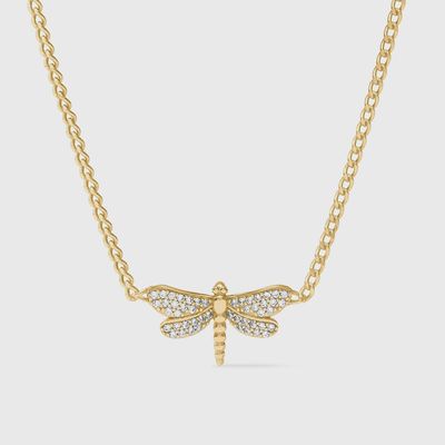 Julie Vos dragonfly pendant necklace in 24K gold plate with pavé cubic zirconia accents on a neutral background