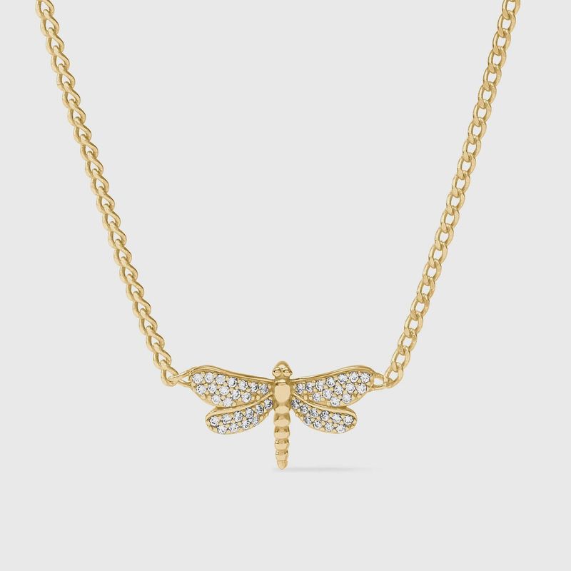 Julie Vos dragonfly pendant necklace in 24K gold plate with pavé cubic zirconia accents on a neutral background