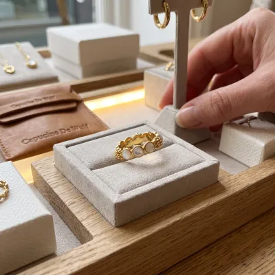 Capucine De Wulf Berry Gem Ring in mother-of-pearl worn on hand in natural light