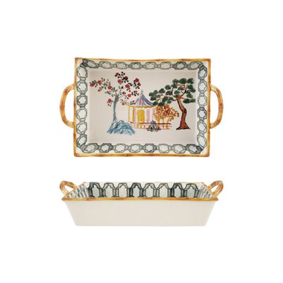 Hand-Painted Stoneware Baker with House and Trees