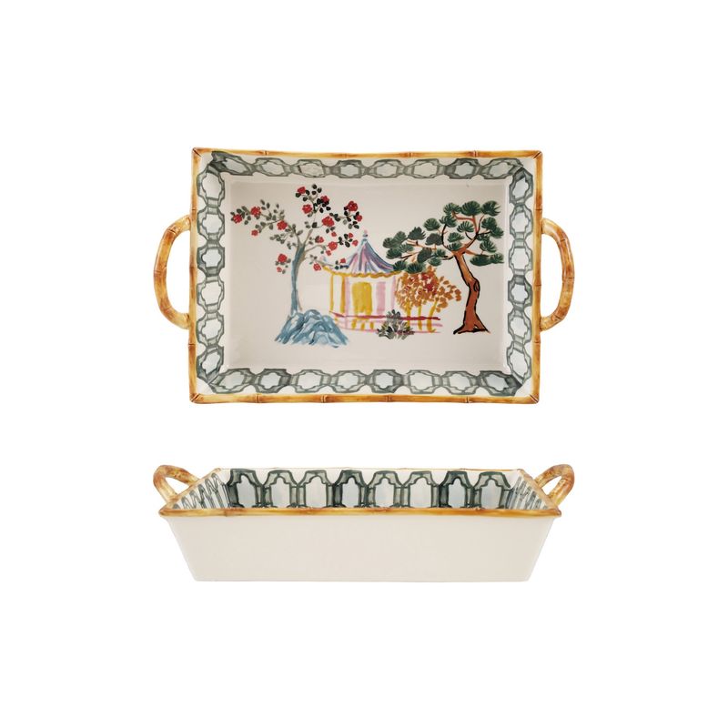 Hand-Painted Stoneware Baker with House and Trees