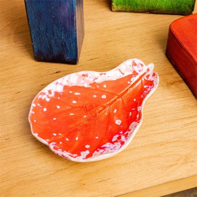 Audrey's Home and Gift Red Fiddle Leaf Reactive Glaze Decorative Tray