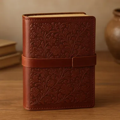 K&amp;K Interiors 8 Inch Leather Floral Embossed Handcrafted Journals