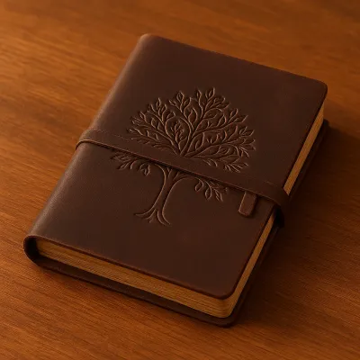 Tan leather journal with embossed tree design, handcrafted six-inch notebook displayed on a wooden surface