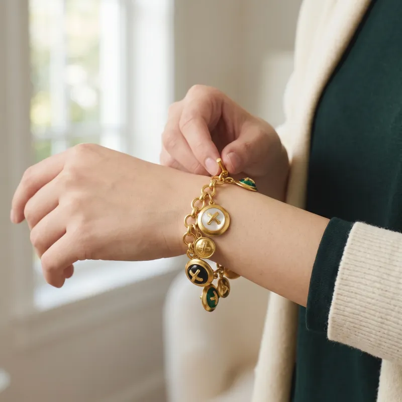 Julie Vos Essex charm bracelet in 24K gold with mother of pearl accents displayed on a wrist in a lifestyle setting