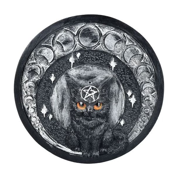 Moon Cat Polyresin Round Incense Burner 5”