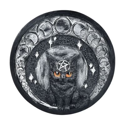Moon Cat Polyresin Round Incense Burner 5”