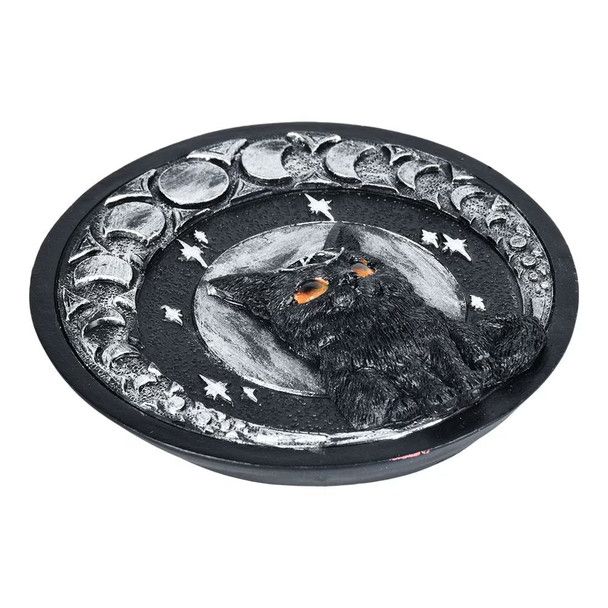 Moon Cat Polyresin Round Incense Burner 5”